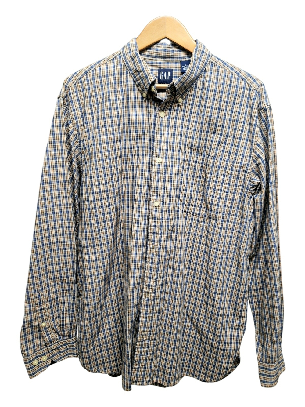 Vtg Y2K GAP Men’s Blue and Tan Checked Button-Down Shirt L